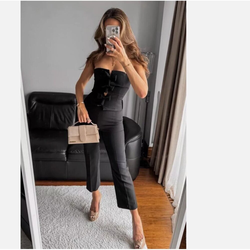 ZARA WOMAN SS24 STRAPLESS BOW JUMPSUIT BLACK Size S NEW WITH TAG!